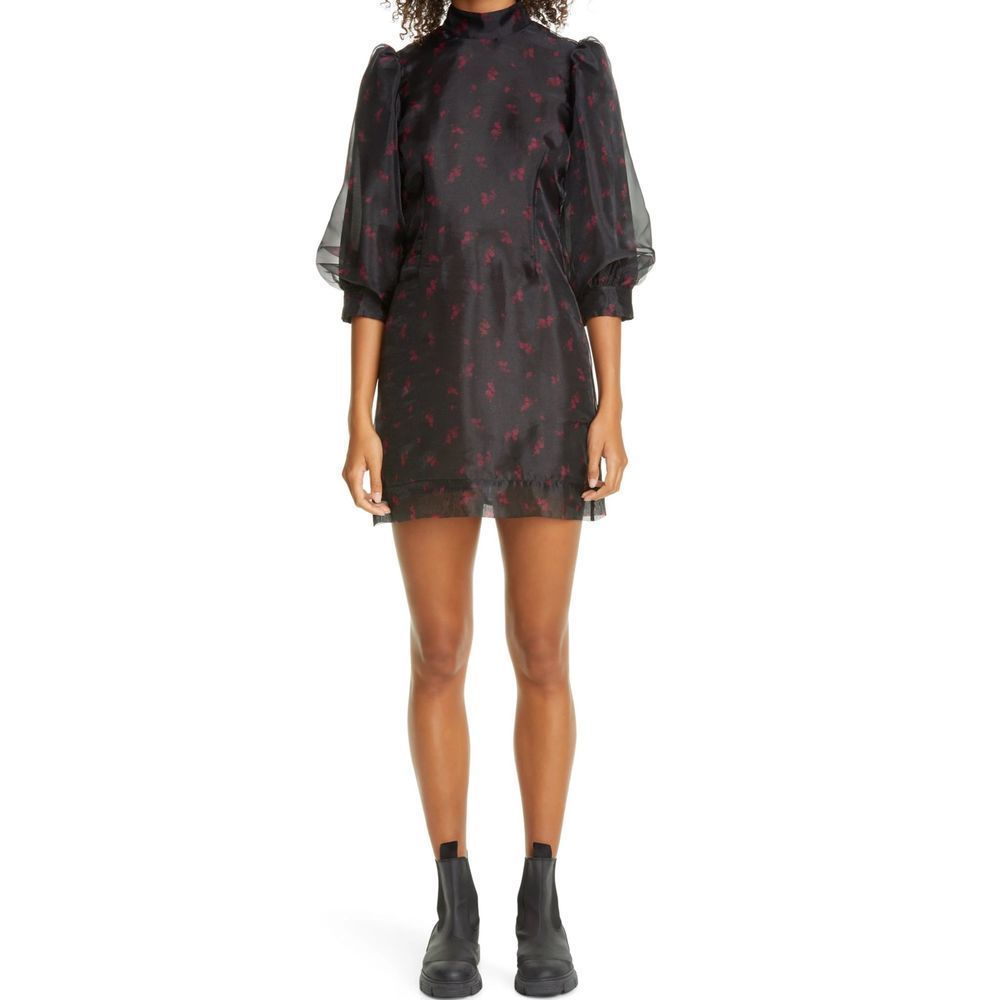 GANNI Floral Print Organza Short Shift Dress in Phantom 252 Size 42 NWT